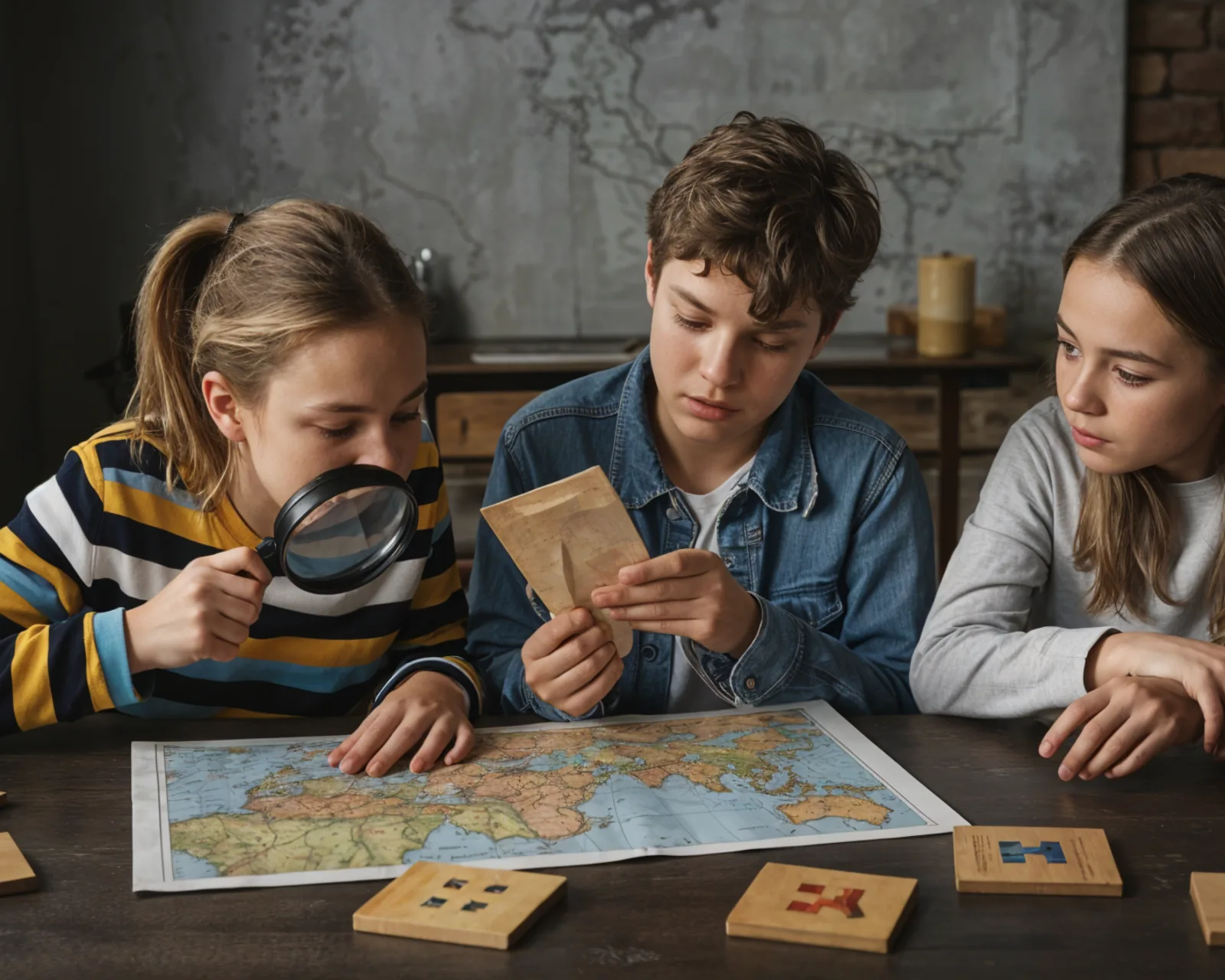 Tweens working a puzzle together in a Bond's escape room
