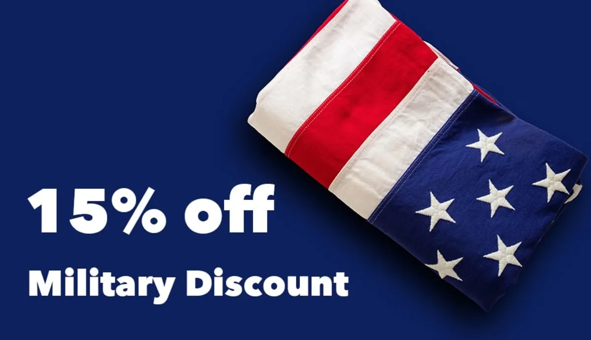 A folded American flag on a navy background next to the words 15% off Military Discount