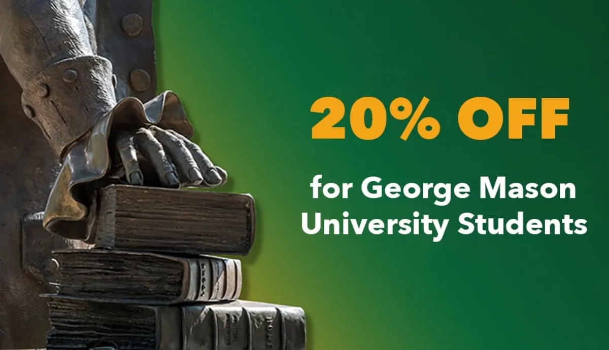 A bronze statue's hand resting on a stack of books beside the words 20% off for George Mason University students