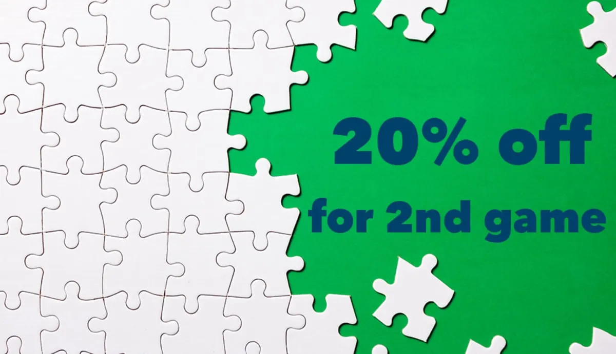 White jigsaw pieces pulled back to reveal green underneath, with the words 20% off for 2nd game