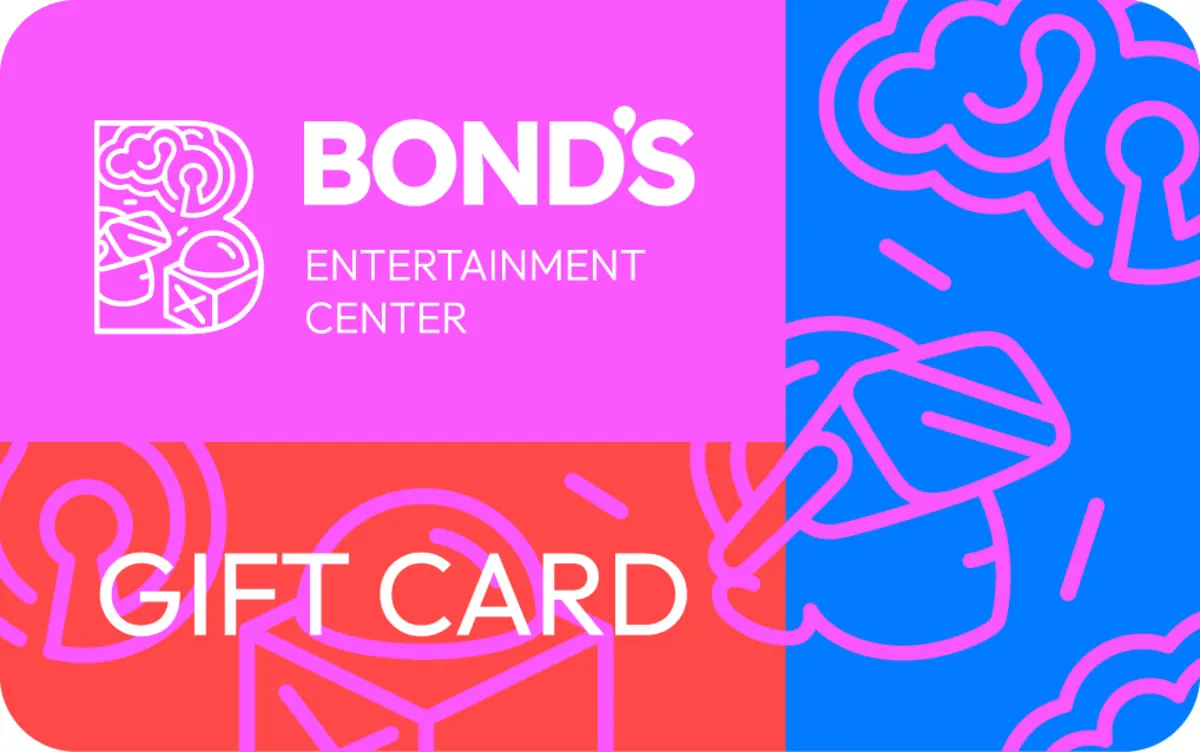 A pink, coral and blue Bond's Entertainment Center gift card with white line drawings