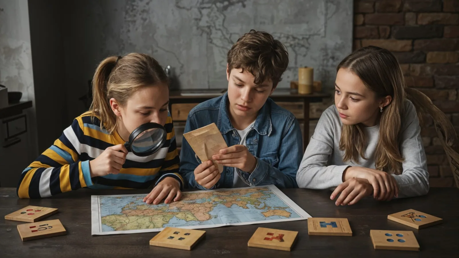 Three kids lean over a table covered with a world map and wooden clue tiles, one peering through a magnifying glass