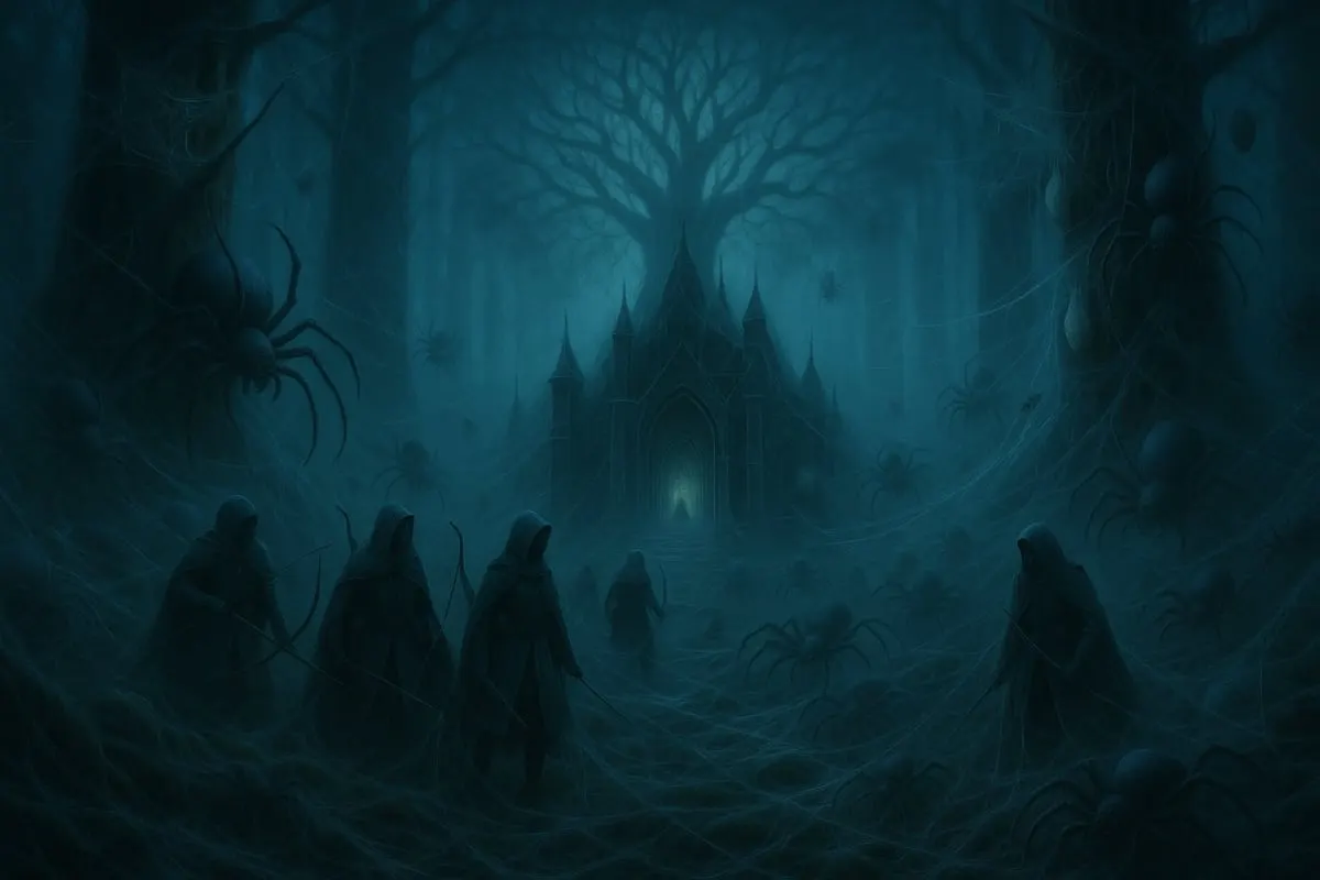 Illustration of a dark, misty forest with a ruined temple at its heart, a giant spider on the trees and hooded figures walking toward it
