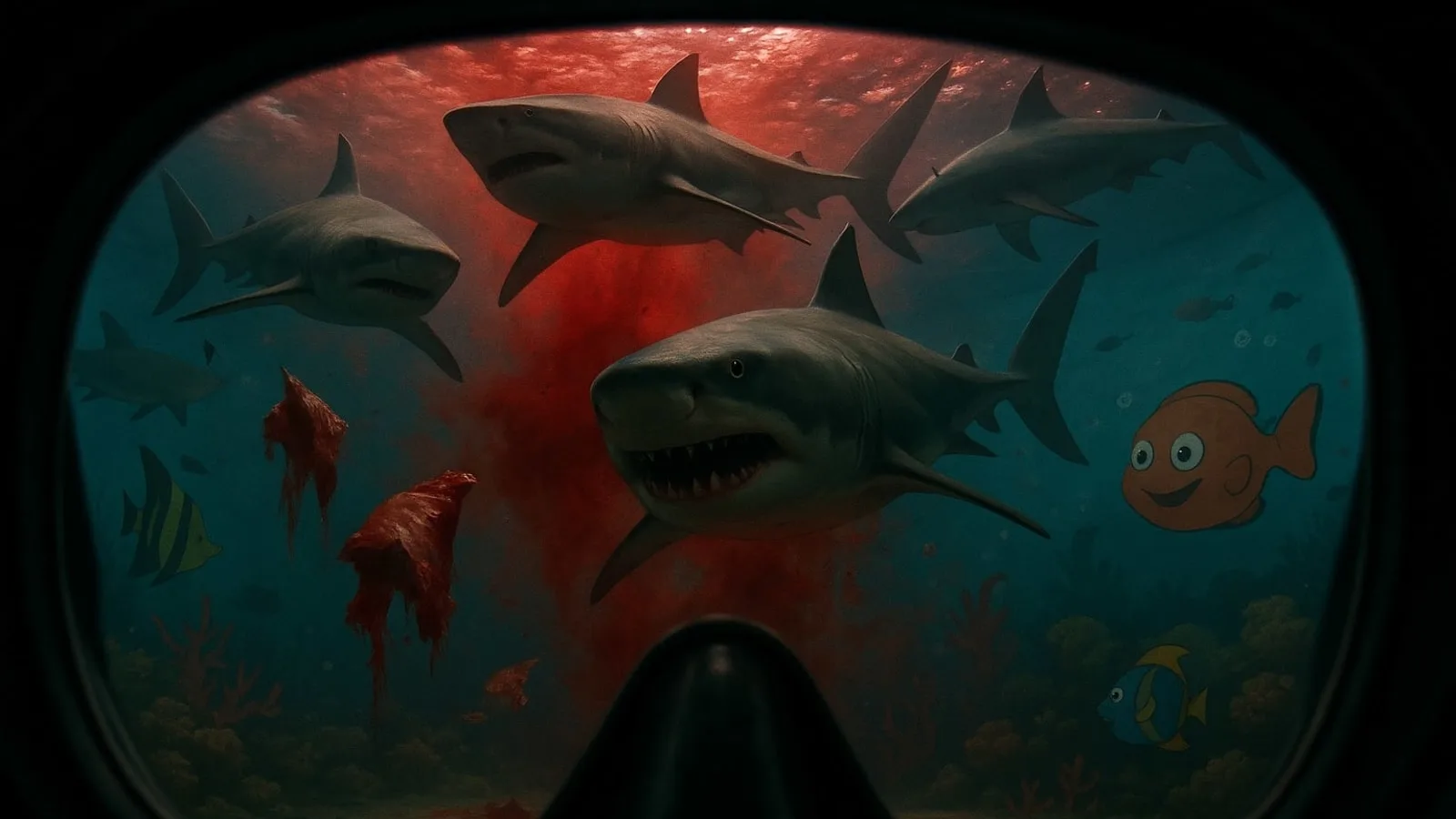 Illustration seen through a diving mask: three sharks circling in water clouded red with blood, small reef fish scattering