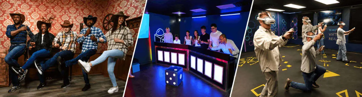 Three scenes side by side: players posing in a Wild West saloon escape room, teams at game show podiums under a scoreboard, and players in VR headsets in the arena