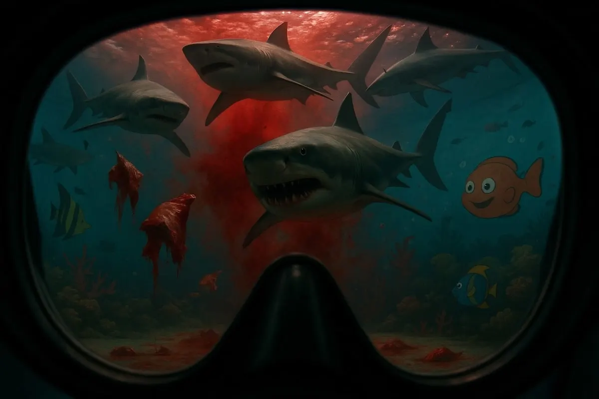Illustration seen through a diving mask: sharks circling in water clouded red with blood