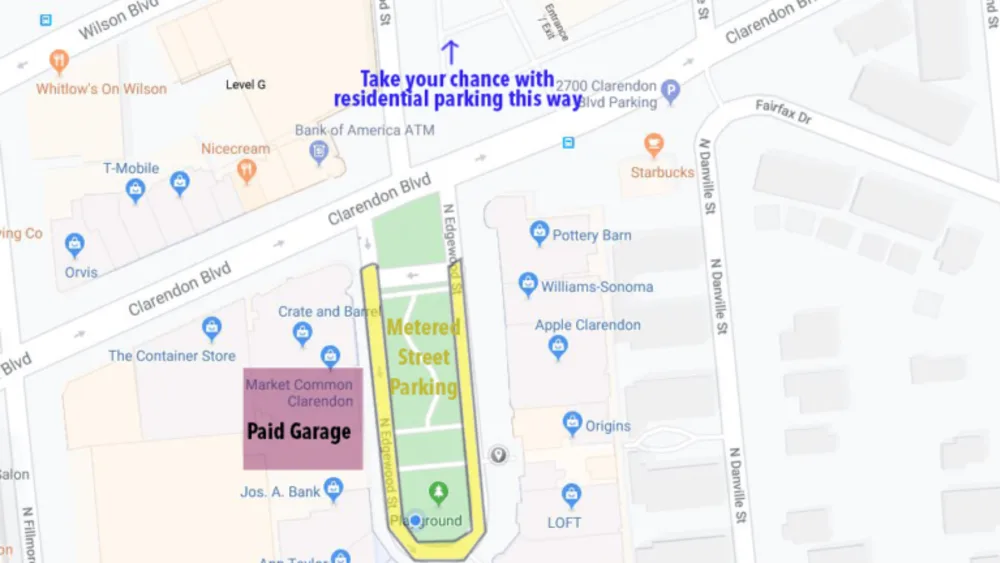 Aerial map of Clarendon with the parking areas around Bond's highlighted: the garage next door, the metered loop and nearby residential streets
