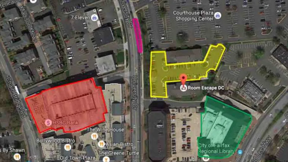 Aerial map of Old Town Fairfax with the parking areas around Bond's highlighted: our own lot, Old Town Plaza, University Drive street parking and the library lot