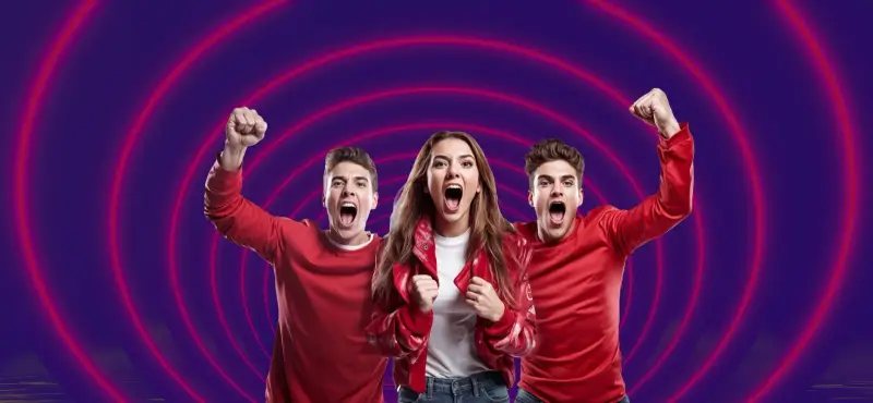 Three adults in red shirts cheering with raised fists against a purple spiral backdrop, from Bond's Game Show promotion