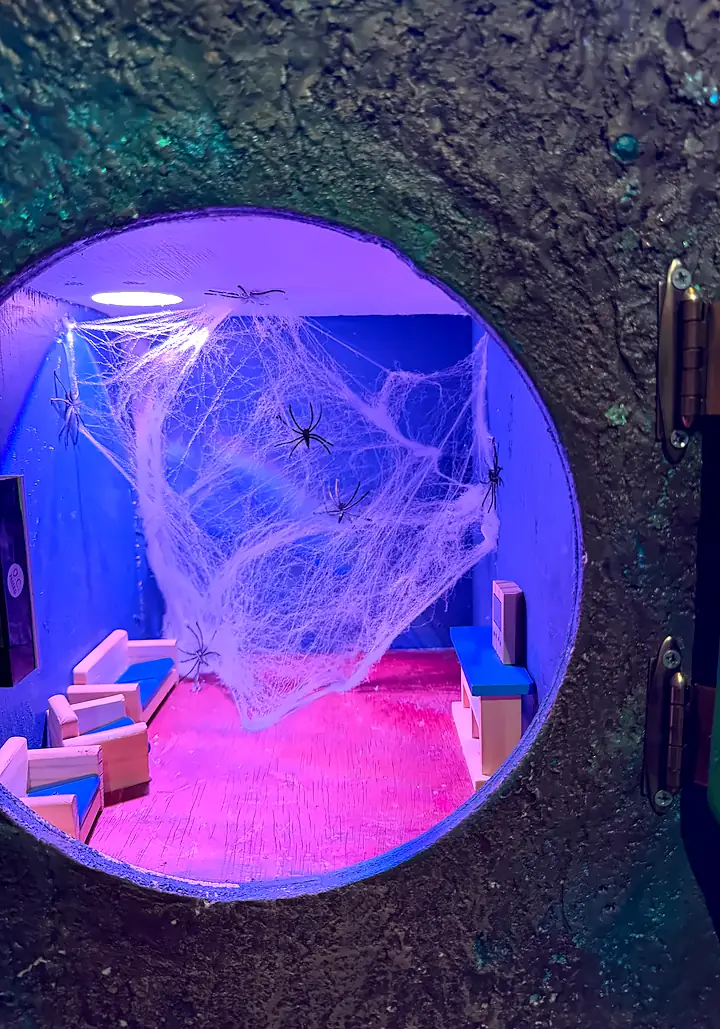 Looking through the round door of an elf house into a room full of cobwebs and spiders