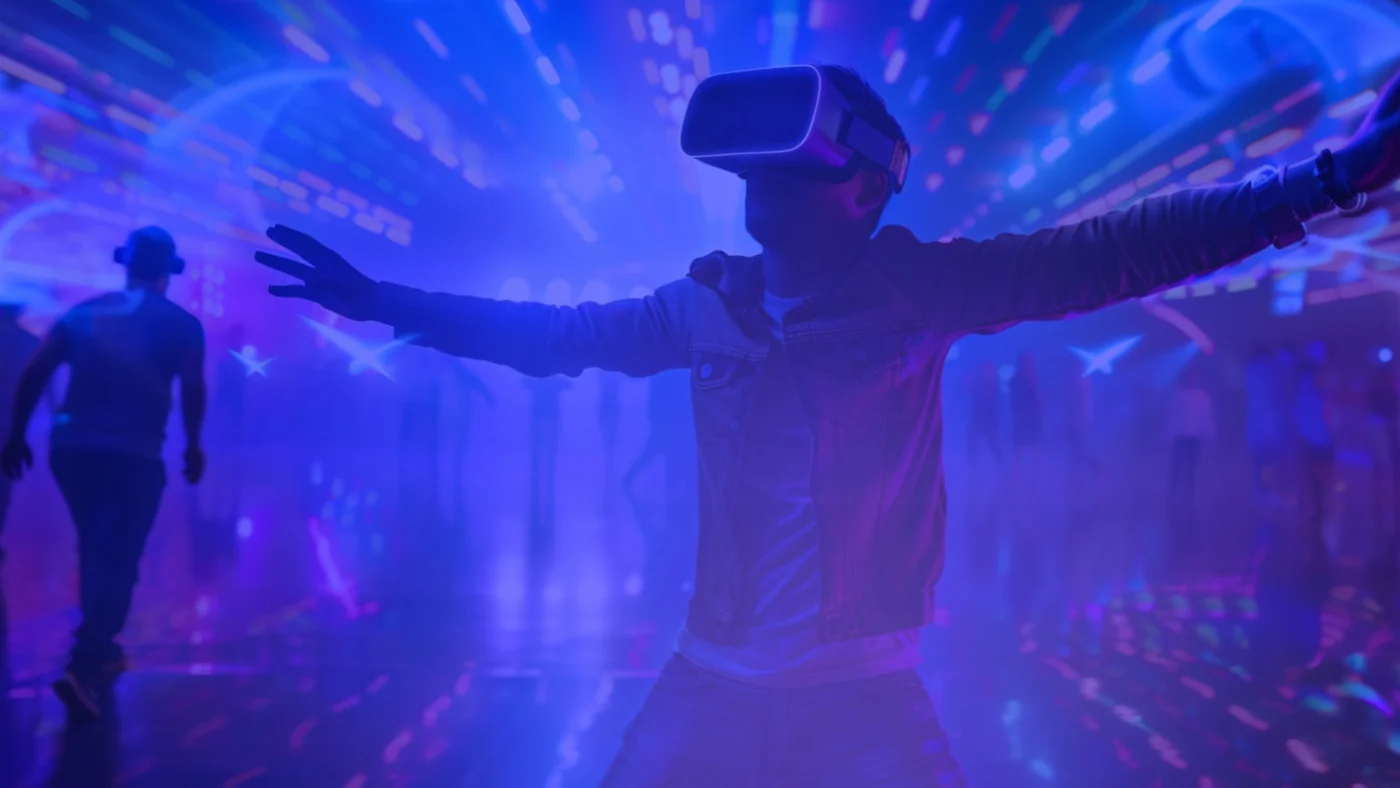 A group playing free-roam VR in the arena at Bond's Fairfax