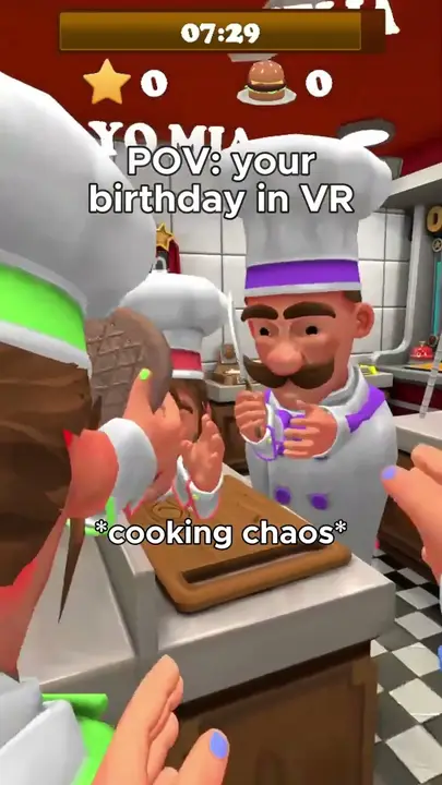 A chef character in a VR cooking game, with the caption "POV: your birthday in VR"