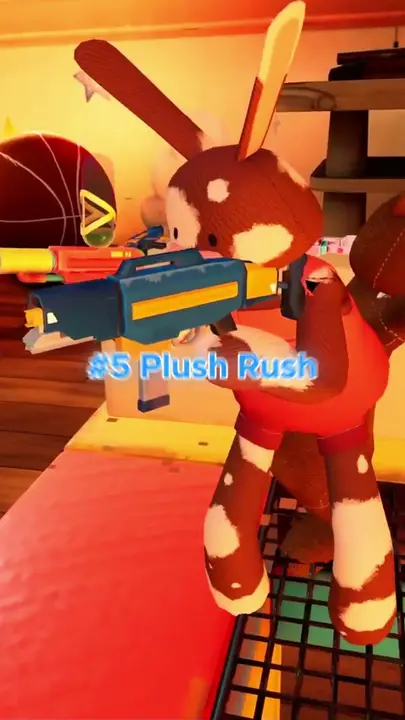 Plush Rush, one of the VR games counted down in the clip: a plush rabbit with a foam blaster
