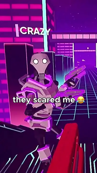 A robot character in a neon VR game, with the caption "they scared me"
