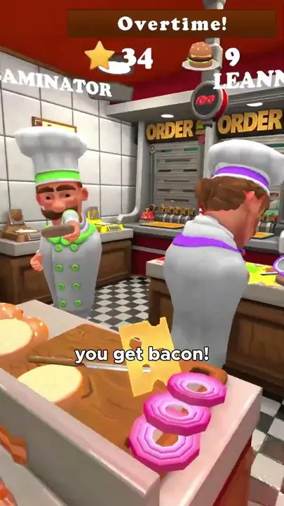 A chef character in the VR kitchen game Cook'd Up, with plates of food on the counter